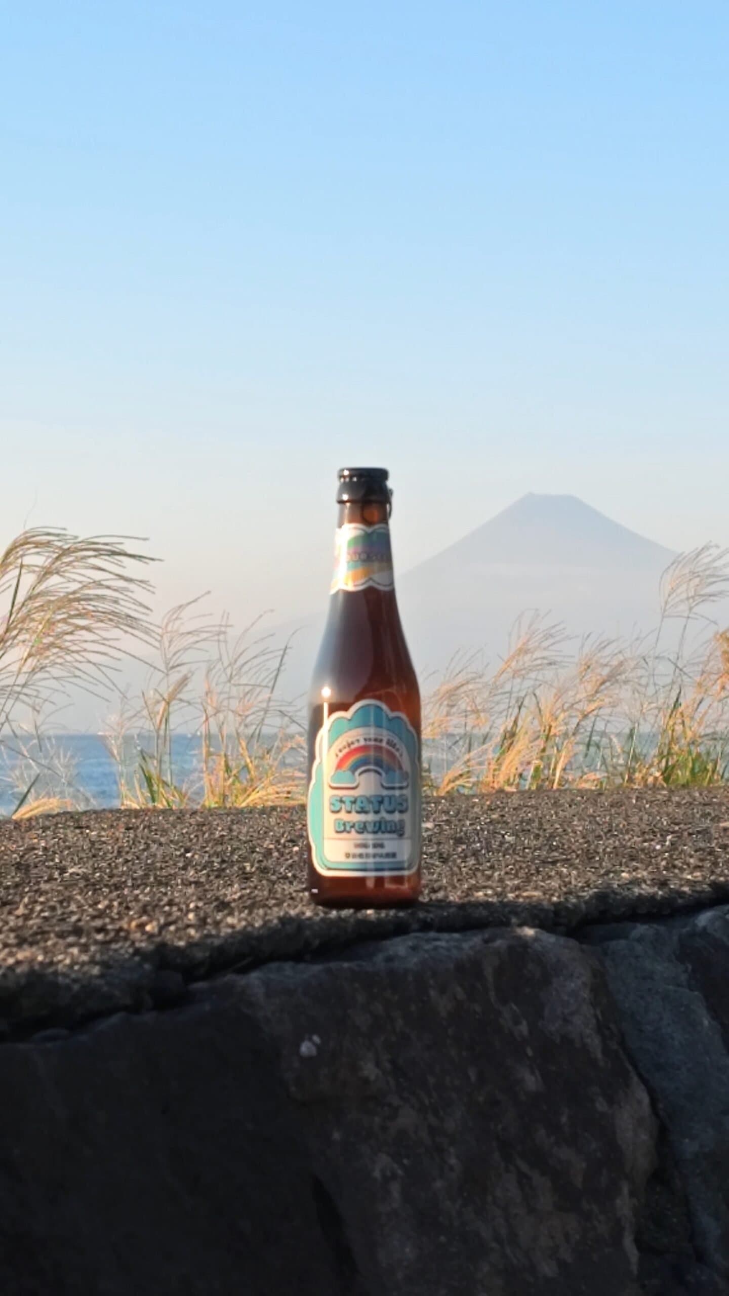 Status Brewing beer bottle by the water